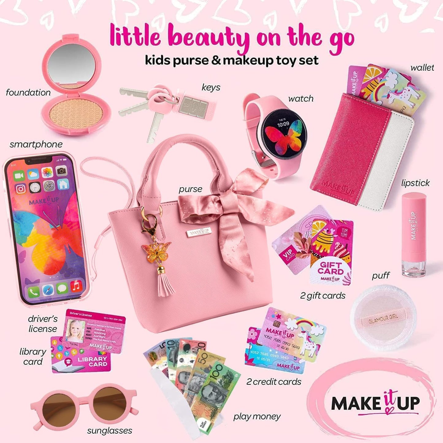 Pretend Play Kids Purse and Makeup Toy with Princess Pretend Makeup Smartphone Wallet Keys Credit and VIP Cards (Australian)