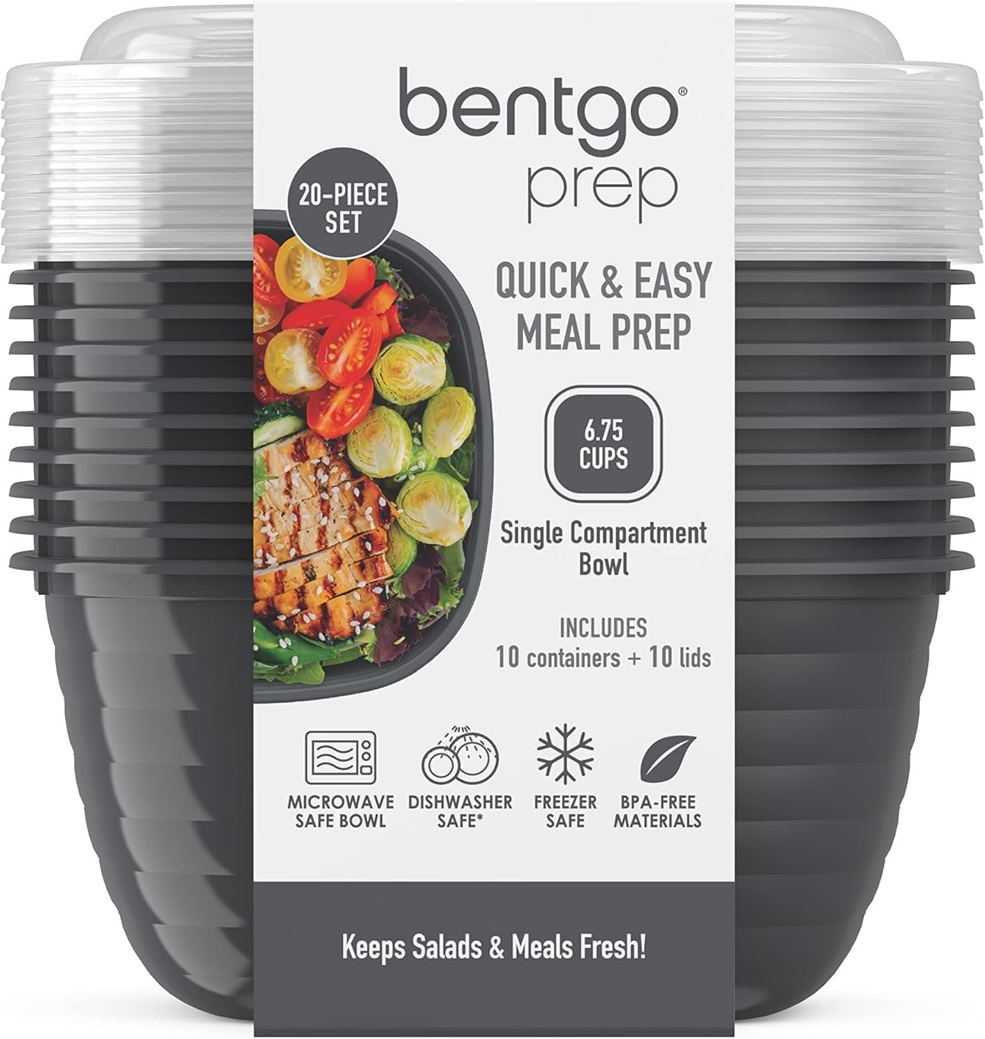 Bentgo Prep - 1-Compartment Bowls with Custom Fit Lids - Reusable, Microwaveable, Durable BPA-Free, Freezer and Dishwasher Safe Meal Prep Food Storage Containers - 10 Bowls & 10 Lids (Graphite)