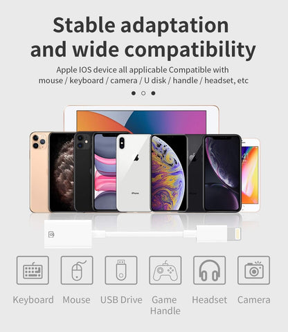 Lightning Male to USB Female Cable iPhone OTG Adapter Dongle Apple Ipad Air Camera Card Reader U Disk Flash Drive Mouse Keyboard Piano MIDI Converter for 14 13 12 11 Pro Max Mini XR X XS SE 8 7 Plus