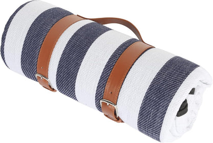 Sherwood Picnic Blanket Stylish Portable with Carry Strap Waterproof Sand Proof Foldable Compact Beach Park Camping Easy Carry Large Multipurpose Outdoor Travel Linen Blue & White Striped 200X150cm