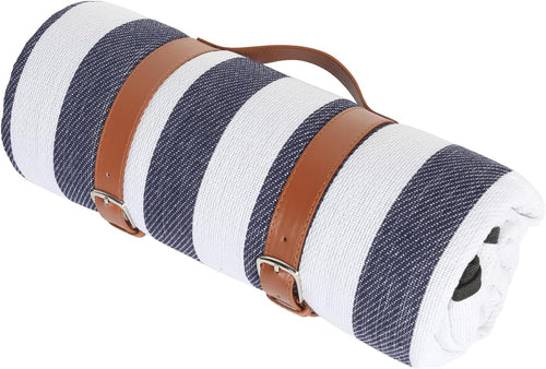 Sherwood Picnic Blanket Stylish Portable with Carry Strap Waterproof Sand Proof Foldable Compact Beach Park Camping Easy Carry Large Multipurpose Outdoor Travel Linen Blue & White Striped 200X150cm