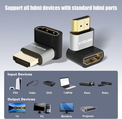 VCELINK 8K HDMI Male to Female Adapter, HDMI Right Angle Connector, HDMI 90 and 270 Degree Adapters, HDMI 2.1 Support 8K@60Hz, 4K@120Hz HDR, Dolby, eARC, 3D, for TV, Laptop, Monitor, DVR Player