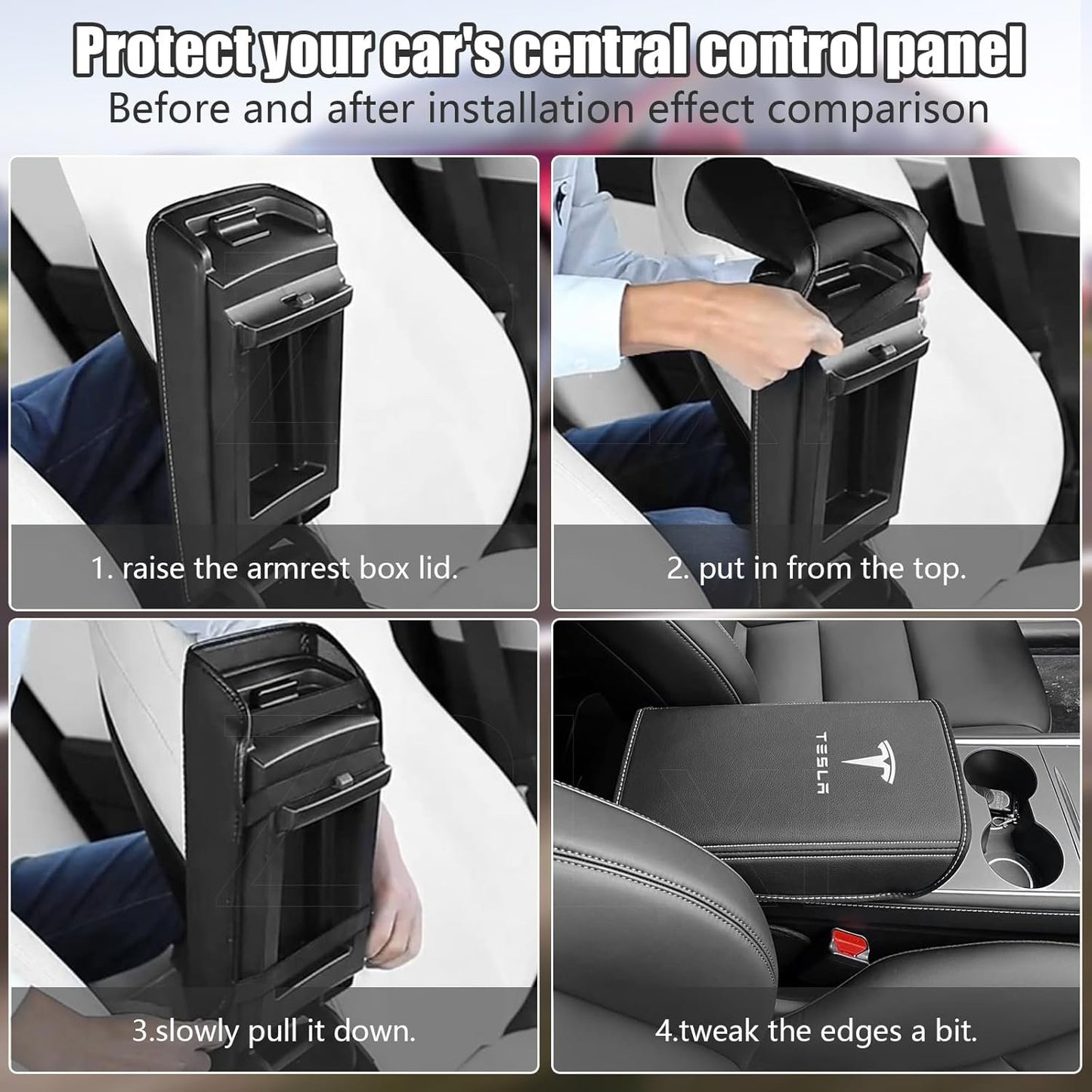 Armrest Cover for Tesla Model 3 Highland Model Y 2024-2017, PU Leather Center Console Arm Rest Anti-Scratch Protector Pad, Non-Slip Interior Accessories for Tesla Model 3 2024 (Black)
