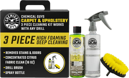 Chemical Guys Foaming Citrus Fabric Clean & Drill Brush Kit - High-Foaming Stain & Odor Remover for Car Carpets, Upholstery & Floor Mats - Deep Cleans & Deodorizes, Citrus Scent - 16 fl oz