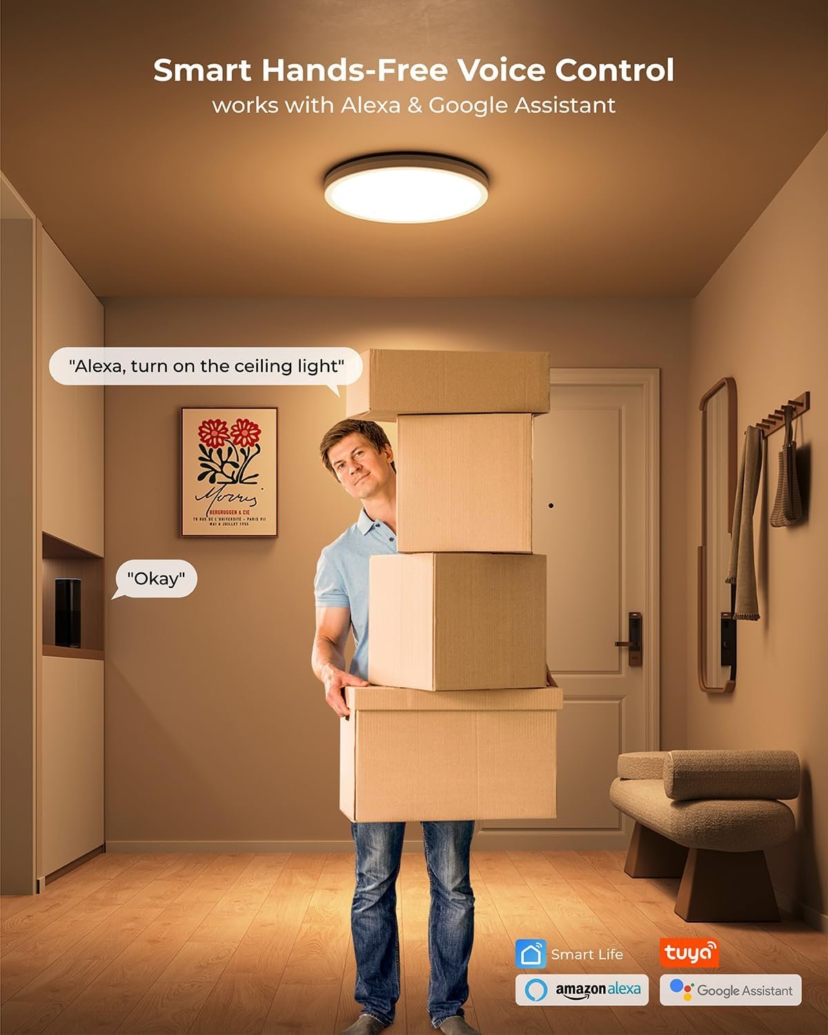 Matane Smart LED Ceiling Light WiFi, 12IN RGB Flush Mount Ceiling Light Fixture, 16 Million DIY Colors, Works with Alexa Google Home, 3000K-6500K Ceiling Lights for Bedroom, Living Room, White