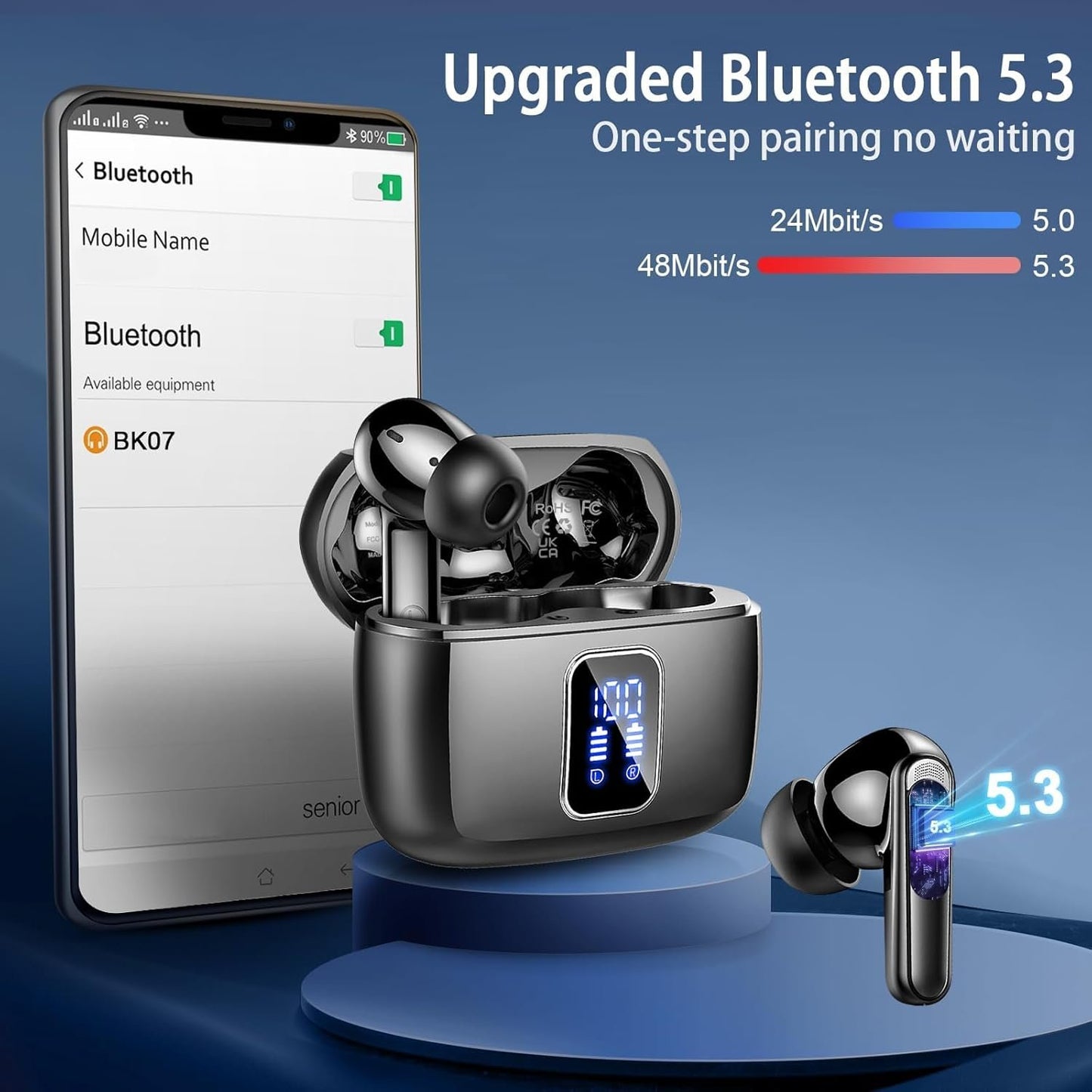 Wireless Earbuds, Bluetooth Ear Buds 5.3 Mini HiFi Stereo with 4 ENC Noise Cancelling Mics Wireless Headphones, in Ear Earphones 48H IP7 Waterproof, LED, USB C, Bluetooth Earbuds for Sports, Workout