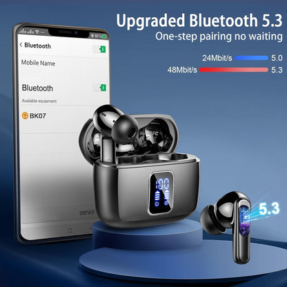 Wireless Earbuds, Bluetooth Ear Buds 5.3 Mini HiFi Stereo with 4 ENC Noise Cancelling Mics Wireless Headphones, in Ear Earphones 48H IP7 Waterproof, LED, USB C, Bluetooth Earbuds for Sports, Workout