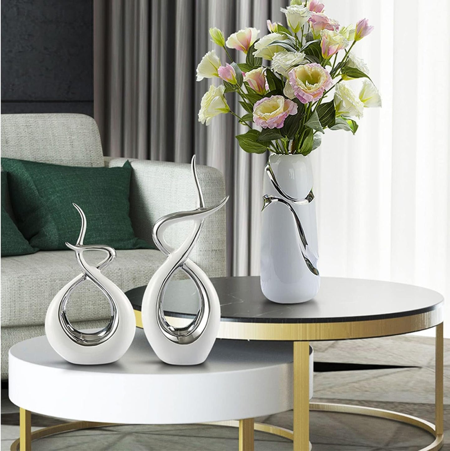 LGYKUMEG Modern Design Ornaments, Silver Ceramic Decoration, Modern Furnishings for Home, Office, Living Room, Interior, Decorations, 17.5 x 30 cm