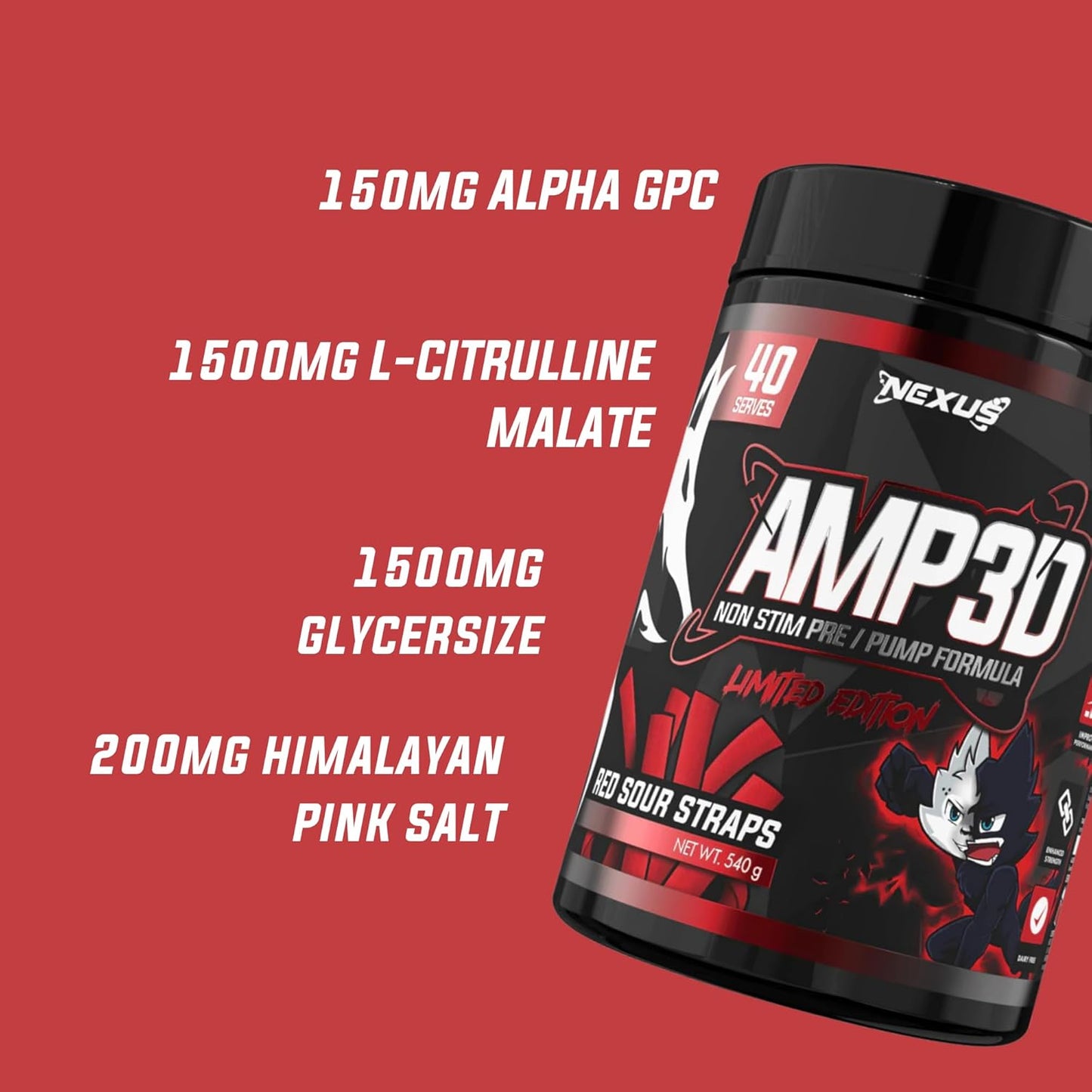 Nexus AMP3D Non-Stim Pre Workout Powder Supplement, 13 Active Ingredients, L-citrulline/Beta Alanine/GlycerSize - 1500mg, Dairy & Gluten-Free, Zero Fat, Low Sugar, 40 Servings (540g), Red Sour Straps