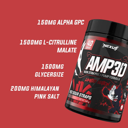 Nexus AMP3D Non-Stim Pre Workout Powder Supplement, 13 Active Ingredients, L-citrulline/Beta Alanine/GlycerSize - 1500mg, Dairy & Gluten-Free, Zero Fat, Low Sugar, 40 Servings (540g), Red Sour Straps