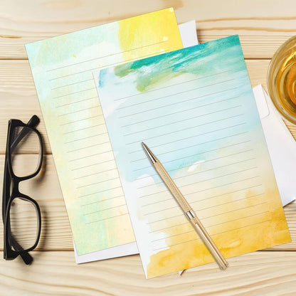 Watercolor Stationary Paper and Envelopes Set, 24 PCS Colorful Writing Stationery Paper with 12 PCS Envelopes,Pretty Watercolor Styles Stationery Printed Design for Love Letter, Party Invitations