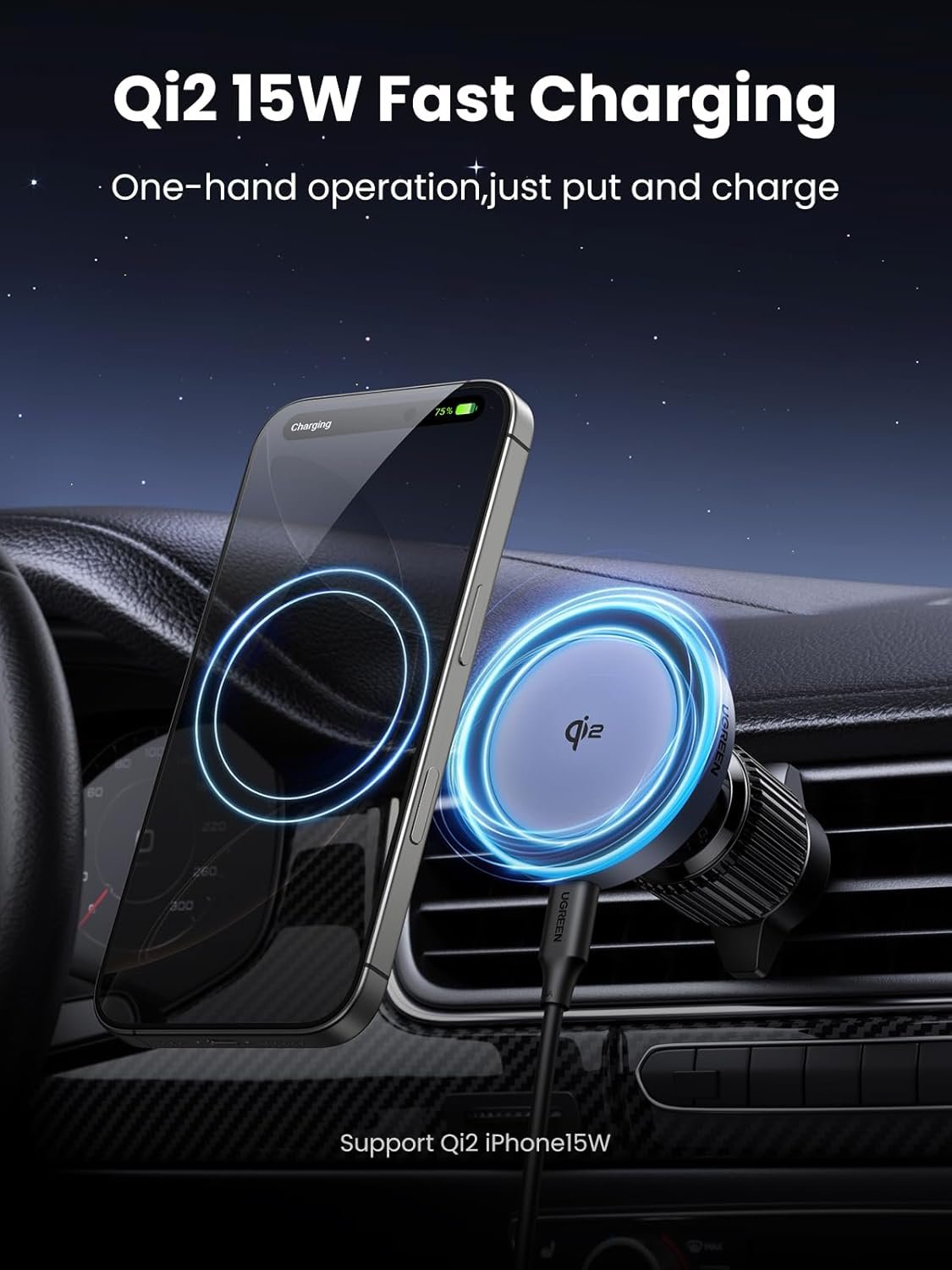 UGREEN for Qi2 15W MagSafe Car Charger, Fast Qi2-Certified Wireless Charging Mount, Magnetic Air Vent Holder, Compatible with iPhone 16/15/14/13/12 Series