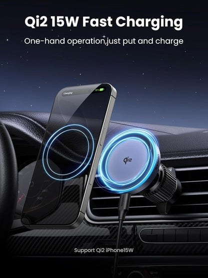UGREEN for Qi2 15W MagSafe Car Charger, Fast Qi2-Certified Wireless Charging Mount, Magnetic Air Vent Holder, Compatible with iPhone 16/15/14/13/12 Series