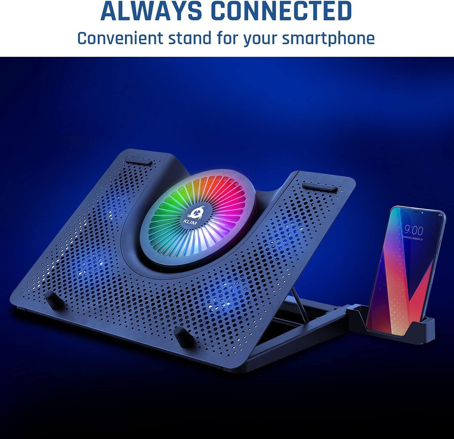 KLIM Nova RGB Cooling Pad - Gaming Laptop Cooler With Phone Holder - Quiet Stand With Fan - Compatible up to 17" - Ventilador para Laptop - 5-Year Assurance - Mac PS5 PS4 Xbox One