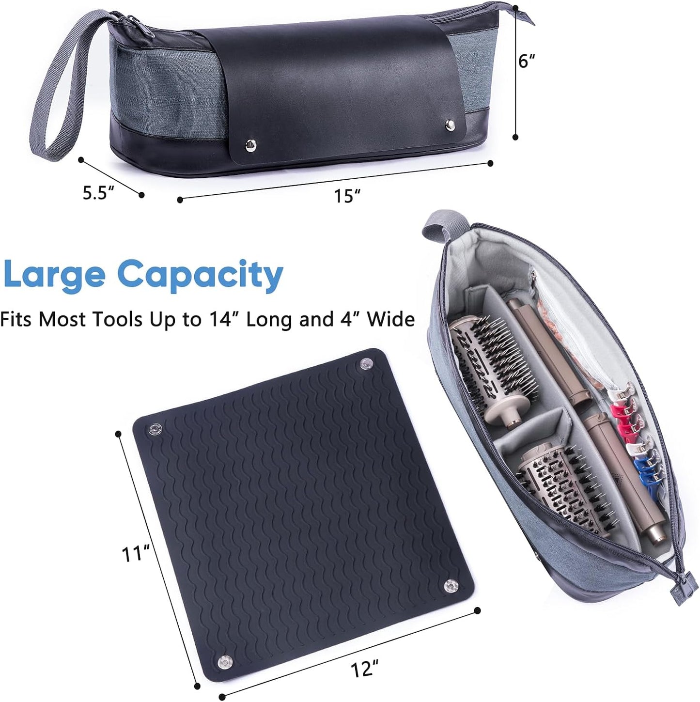 2IN1 Hair Tools Travel Bag with Removable Heat Resistant Mat Curling Iron Travel Case, Hair Dryer Organizer for Flat Irons, Straighteners and Haircare Accessories, Hot Tools Travel Bag Hair