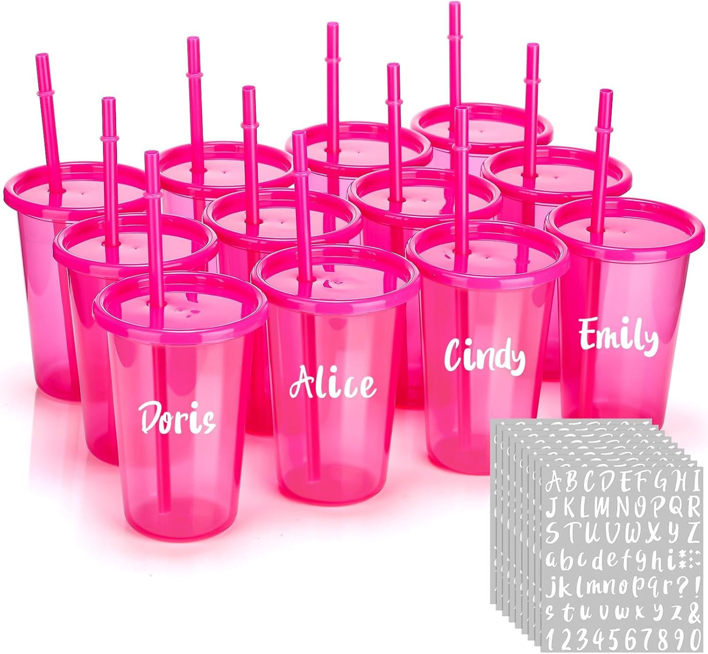 Nuanchu 12 Pcs Bulk Tumbler with Lid and Straw 14oz Plastic Cups for Adult Reusable Coffee Cup Drinking Cup Set Water Travel Bottle Mug with Sheets Letter Stickers for Party (Rose Red)