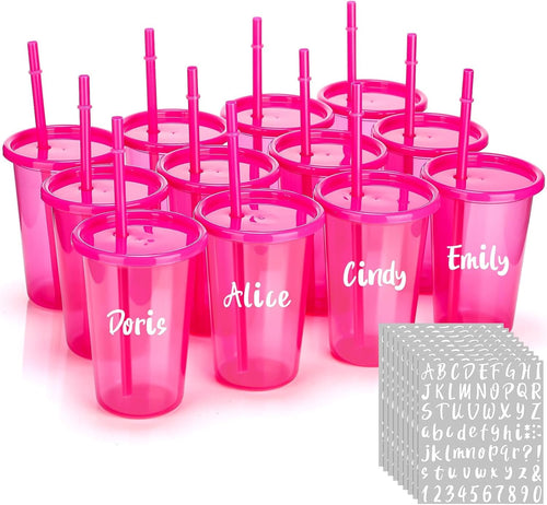 Nuanchu 12 Pcs Bulk Tumbler with Lid and Straw 14oz Plastic Cups for Adult Reusable Coffee Cup Drinking Cup Set Water Travel Bottle Mug with Sheets Letter Stickers for Party (Rose Red)