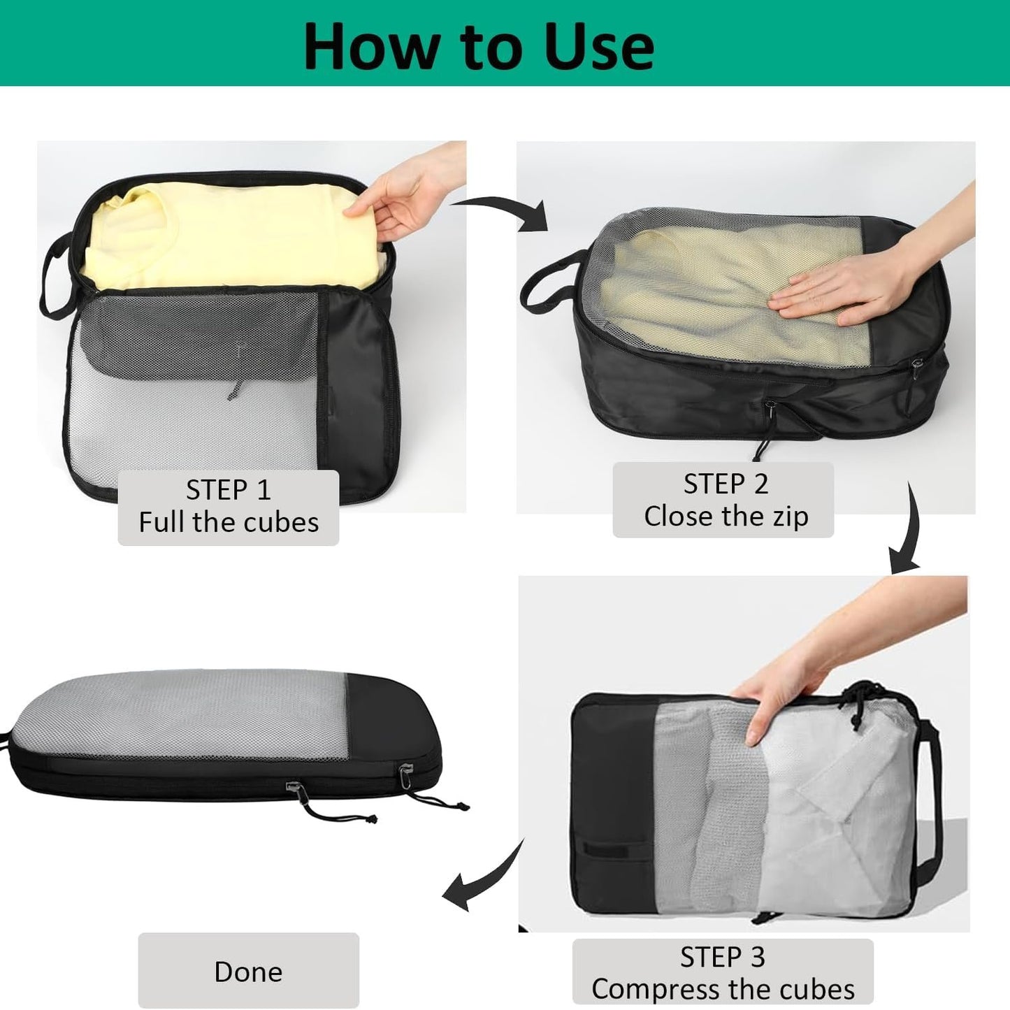 6pcs-Packing Cubes, Areaphmet Travel Compression Packing Cubes Set for Travel Accessories Organisers Bags for Luggage Organizers Suitcases Accessories (Black)