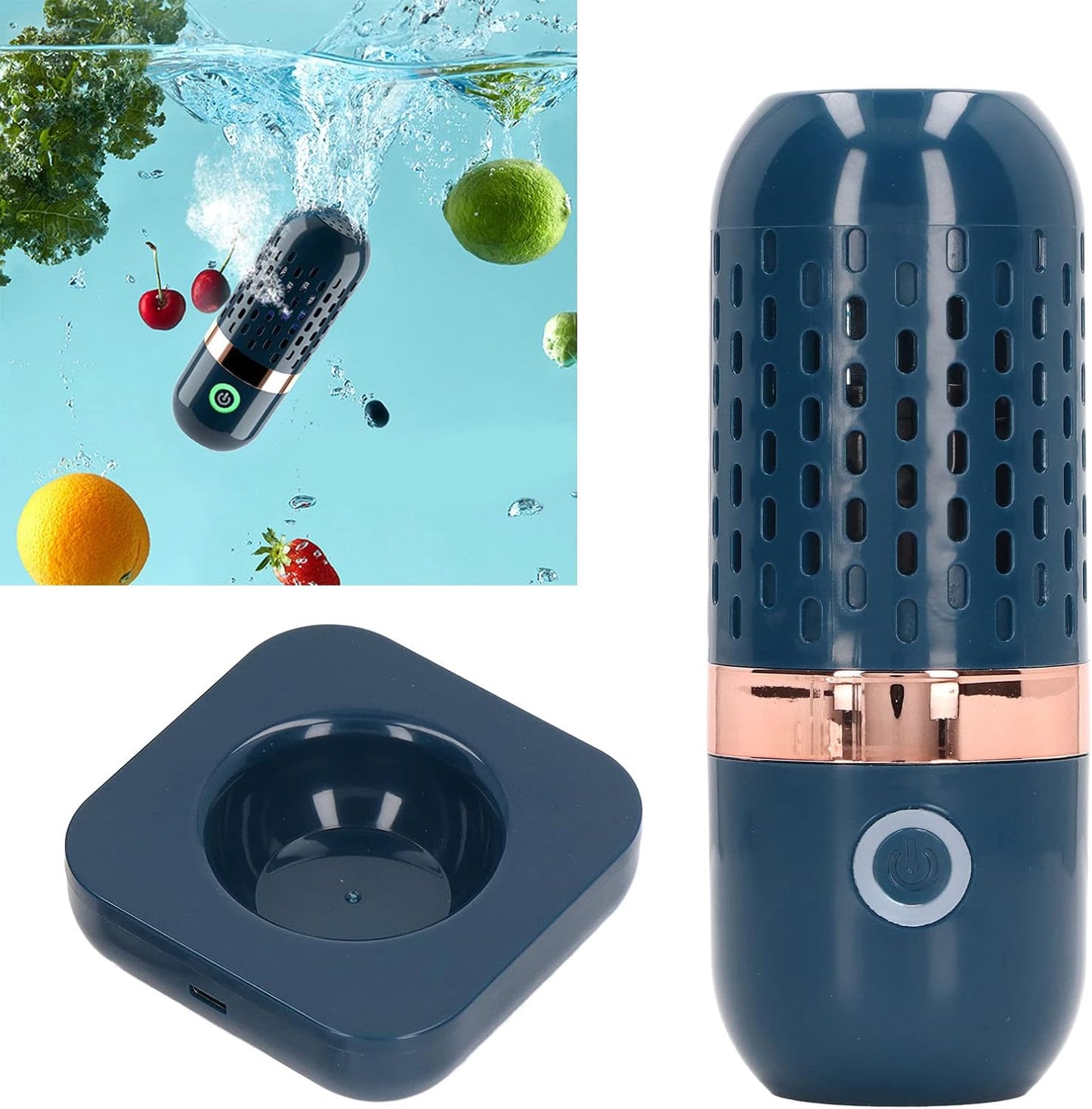 Bewinner Fruit & Vegetable Cleaner - Portable Fruit & Veggies Cleaner Device with Large Reaction Area, USB Wireless Food Purifier, Blue, Plastic Bristles