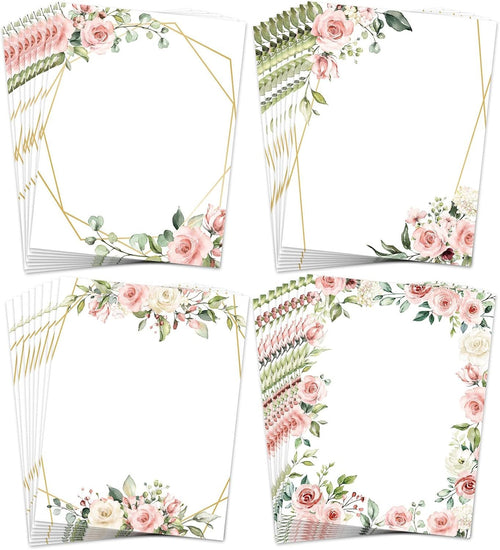 AnyDesign 48 Sheet Floral Stationery Letterhead Paper Pink Flower Letter Writing Paper Wedding Floral Border Paper Notes Greeting Paper for Wedding Party Invitations School Printing, 8.5x11 Inch