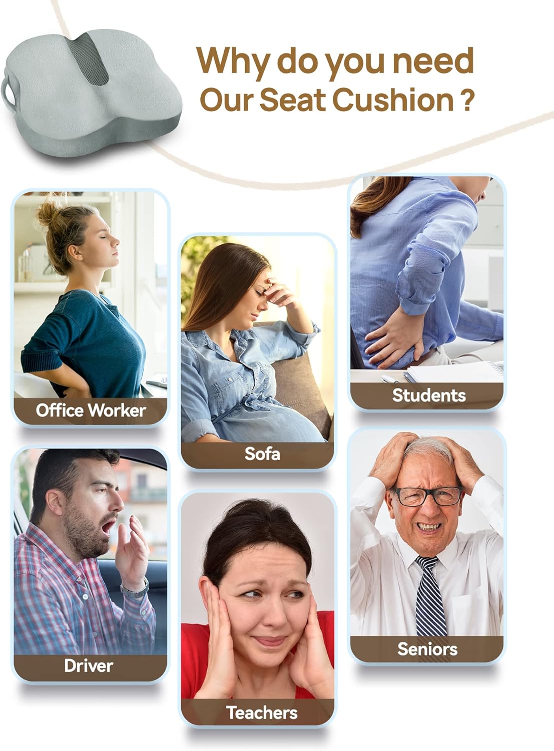 TRAVEL EASE Memory Foam Seat Cushion, Butterfly-Shape Seat Cushion for Long Hours Sitting Comfort, Butt Support Pillow for Office Chair, Car Seat, Dining Chair (Smoky Gray)