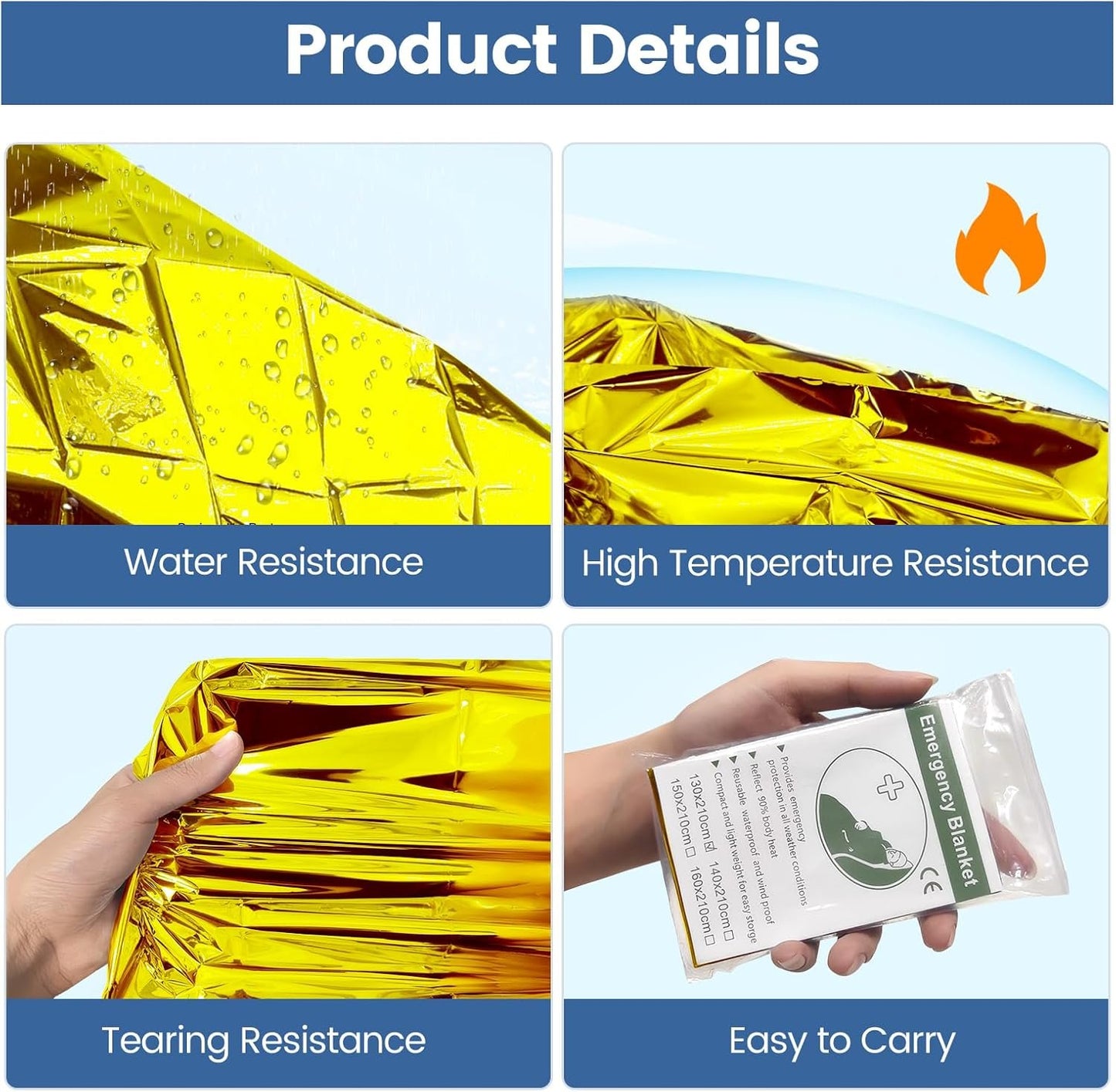 Milifox 6 Pack Emergency Thermal Blankets, Survival Blankets Reflective First Aid Blanket for Camping Hiking Outdoor Warm Insulated Heat Insulation and Waterproof