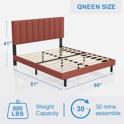 Queen Bed Frames, Rilelola Queen Size Bed Frames with Upholstered Headboard, Easily Assembly Bed Frames with Sturdily Wooden, Not Box Spring, Without Notise Classic Styles(Queen, Orange Red)