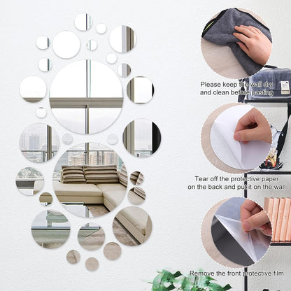 32 Pcs Acrylic Mirror Round Wall Stickers, Removable Wall Decal Mirror Set, Bathroom Wall Sticker Art, Circle Ceiling Mirrors for Bedroom, Home, Living Room, Sofa TV Background Decor (Large)