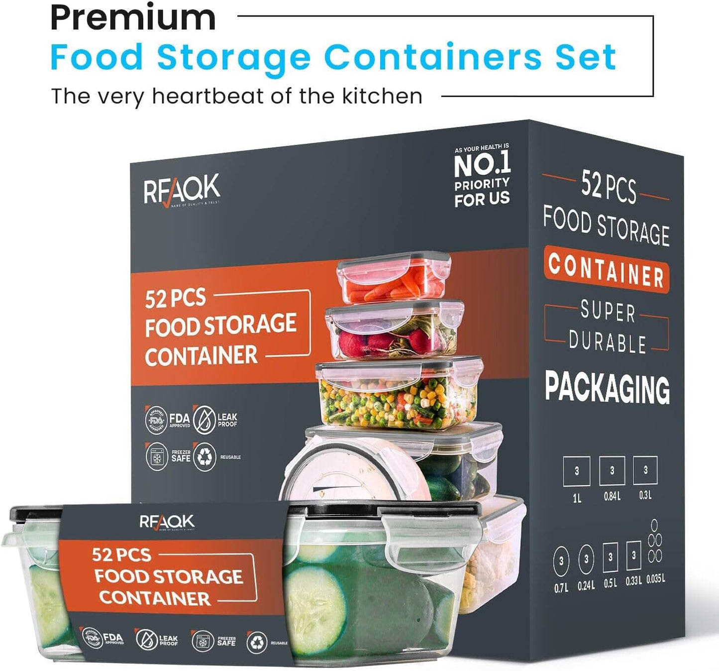 RFAQK 52 Pcs Food Containers with Lids-(26 Clear Plastic Food Storage Containers with 26 Lids) BPA-Free 100% Airtight Kitchen and Pantry Organization, Microwave,Safe with Labels & Marker