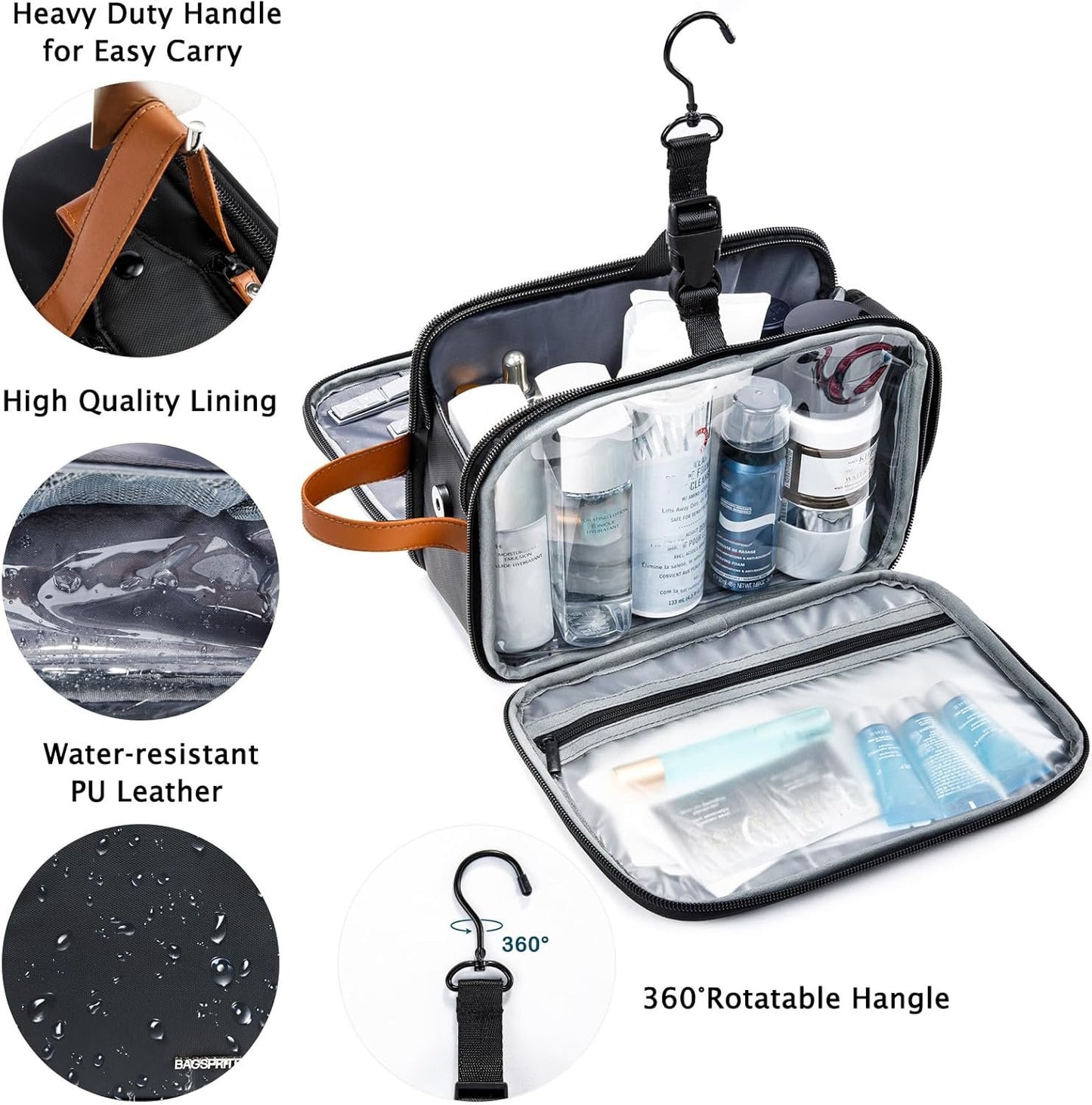 BAGSPRITE Toiletry Bag for Men, Women Travel Bag with Hanging Hook, Water-resistant Makeup Cosmetic Bag Shaving Kit Organizer, Bathroom Bag for Traveling, Black Brown, â… - Medium