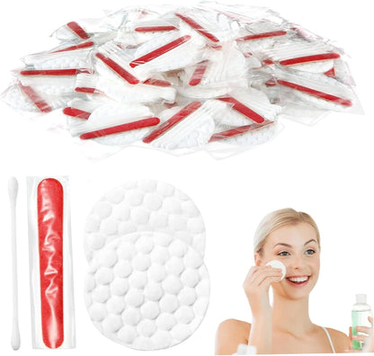 100Pcs Hotel Vanity Set, Individually Wrapped Hotel Amenities Bulk, Disposable Hygiene Kit with Cotton Pads, Cotton Swabs, Nail File for Motels Makeup Toiletry