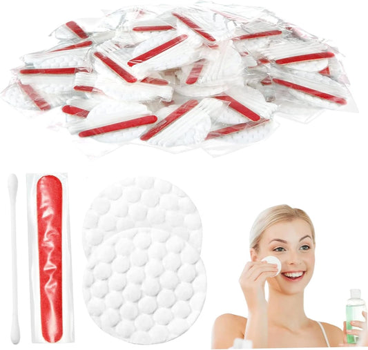 100Pcs Hotel Vanity Set, Individually Wrapped Hotel Amenities Bulk, Disposable Hygiene Kit with Cotton Pads, Cotton Swabs, Nail File for Motels Makeup Toiletry