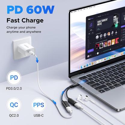 UGREEN Magnetic USB C Splitter 1 in 2 Out Dual USB C Headphone and Charger Type C Audio Adapter with PD 60W Fast Charging Dongle Cable for iPhone 16 Pro Max, Galaxy S25 Ultra, Pixel 9, iPad Pro/Air