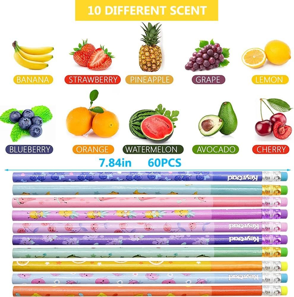 JQSSHXB 60 Pieces Scented Pencils for Kids Smencils Scented Pencils with Erasers Fruit HB Graphite Pencil for School Stationery Party Reward Supplies