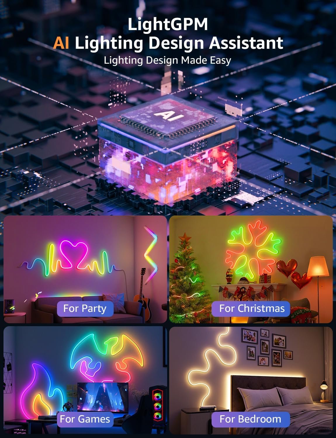 Lepro AI Neon Lights N1, RGBIC Neon Led Lights, Work with Alexa & Google Neon Rope Light, Music Sync neon led Strip Light, IP65 Outdoor Led Strip Lights Waterproof, LED Lights Strip for Bedroom, 20FT