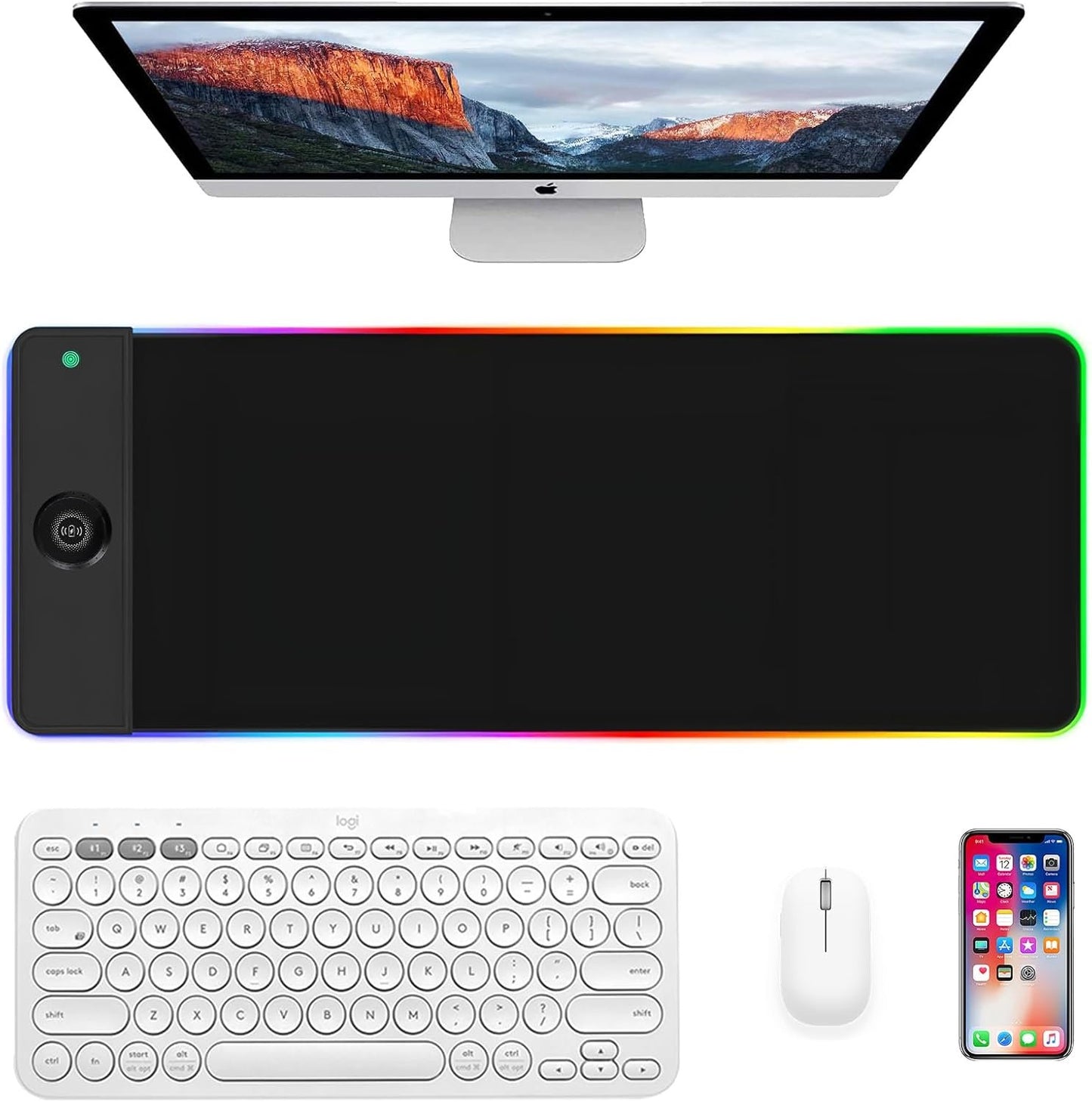 RGB Gaming Mouse Mat 15 W Qi Upgrade Mouse Mat Non-Slip Rubber Foot Mouse Pad Black Waterproof Gaming Accessories with 10 Lighting Modes LED Light for iPhone Pro Mobile Phone, Headphones, Home, Office