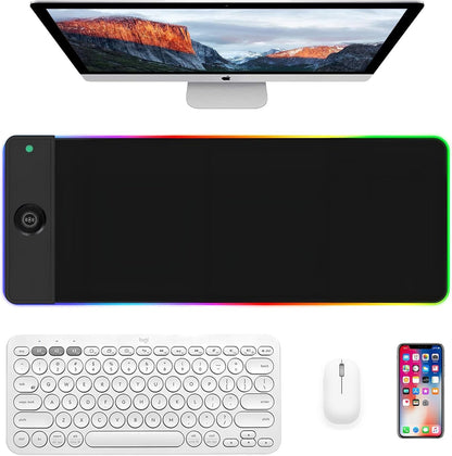 RGB Gaming Mouse Mat 15 W Qi Upgrade Mouse Mat Non-Slip Rubber Foot Mouse Pad Black Waterproof Gaming Accessories with 10 Lighting Modes LED Light for iPhone Pro Mobile Phone, Headphones, Home, Office