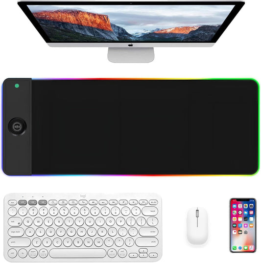RGB Gaming Mouse Mat 15 W Qi Upgrade Mouse Mat Non-Slip Rubber Foot Mouse Pad Black Waterproof Gaming Accessories with 10 Lighting Modes LED Light for iPhone Pro Mobile Phone, Headphones, Home, Office