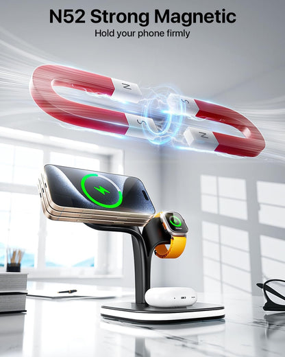 EXW Magnetic Charging Station, 3 in 1 Fast Mag-Safe Wireless Charger Stand for iPhone 16,15,14,13,12 Pro/Max/Mini/Plus, Apple Watch 2-10/SE and Airpods 4/3/2/Pro/Pro 2 with LED and Adapter (Black)
