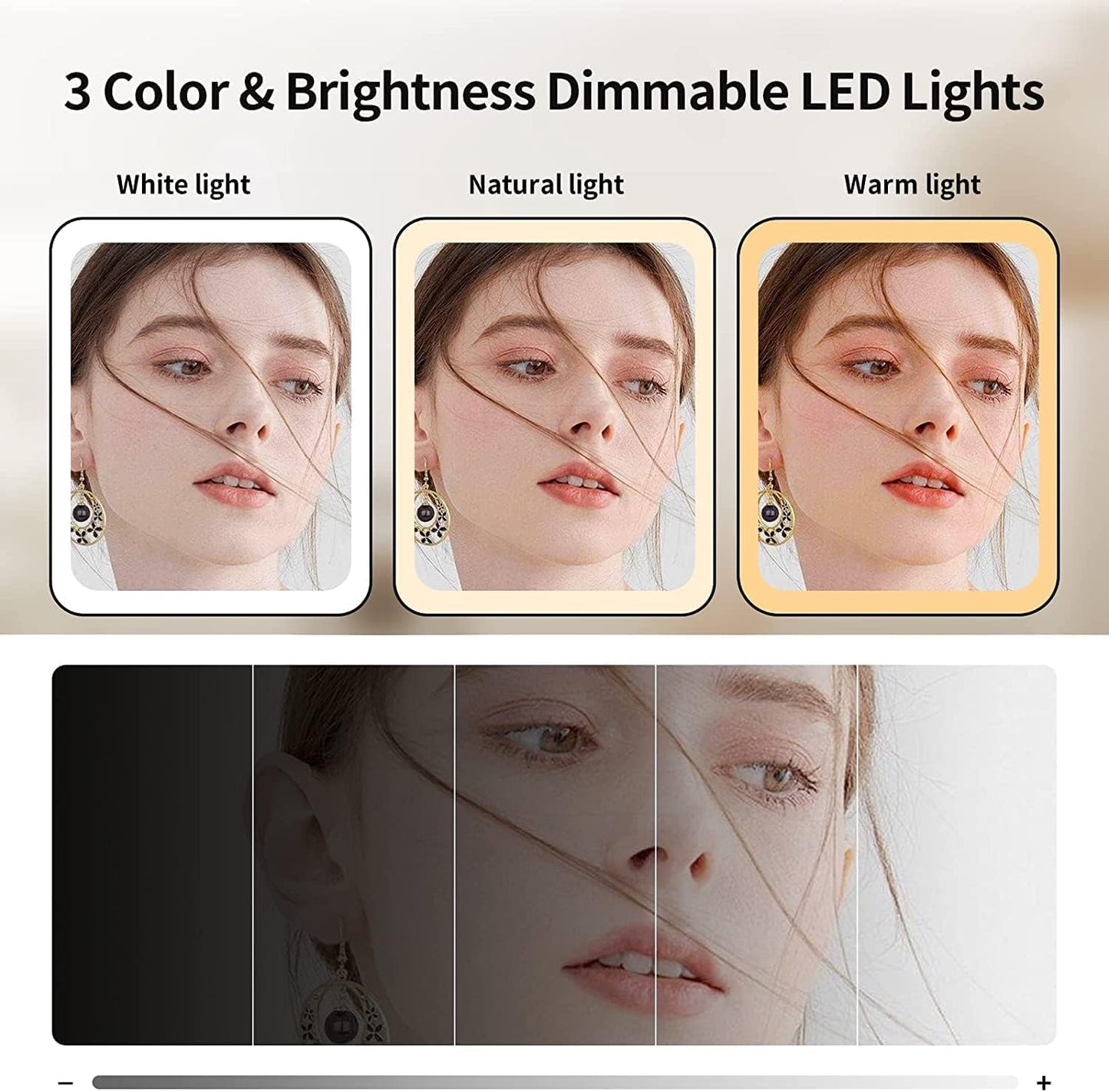 Leather Grain Lighted Vanity Makeup Mirror with 78 LED, Trifold Mirror with 3 Color Lighting Modes - Touch Control Design, 1x/2x/3x Magnification