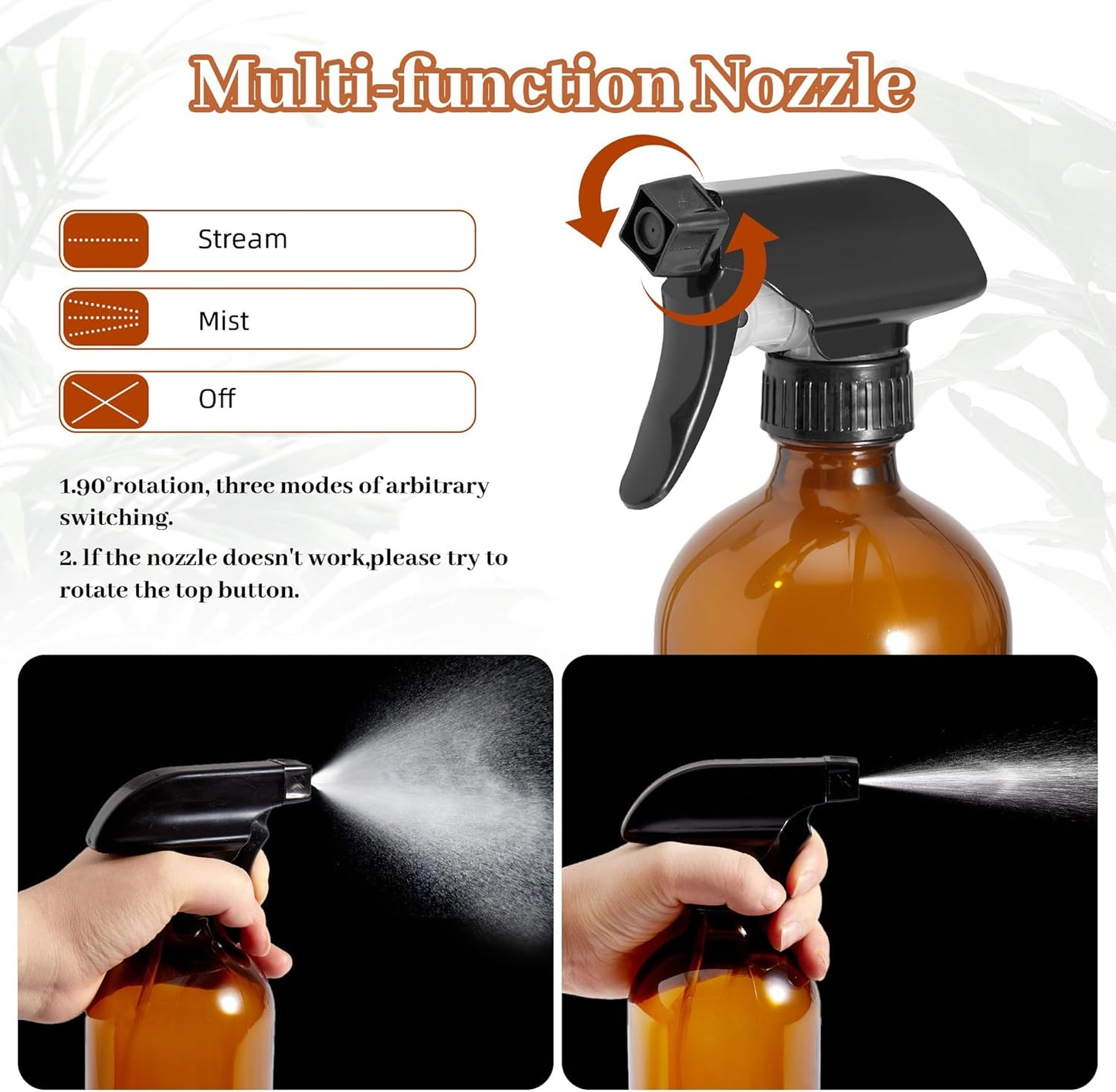 Kuleyng 500ml Amber Glass Spray Bottles – Pack of 4 | Refillable Empty Sprayers with Adjustable Nozzle for Cleaning, Plants, Essential Oils & Hair Care | UV Protection for Sensitive Liquids