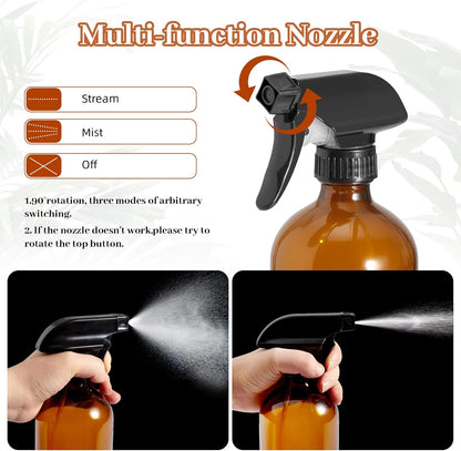 Kuleyng 500ml Amber Glass Spray Bottles – Pack of 4 | Refillable Empty Sprayers with Adjustable Nozzle for Cleaning, Plants, Essential Oils & Hair Care | UV Protection for Sensitive Liquids