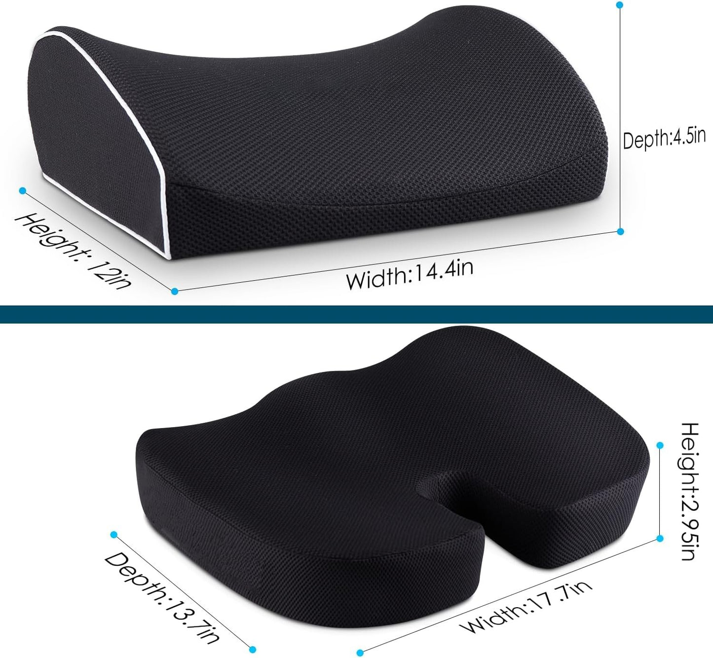 Seat Cushion and Lumbar Support Pillow for Office Chair-Gel Infused,Coccyx Orthopedic Car Seat Cushion Memory Foam Back Support Cushion for Lower Back,Tailbone & Sciatica（Black）