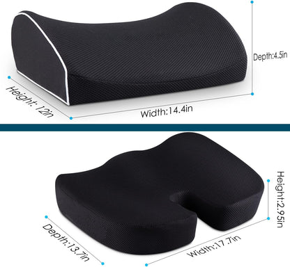 Seat Cushion and Lumbar Support Pillow for Office Chair-Gel Infused,Coccyx Orthopedic Car Seat Cushion Memory Foam Back Support Cushion for Lower Back,Tailbone & Sciatica（Black）