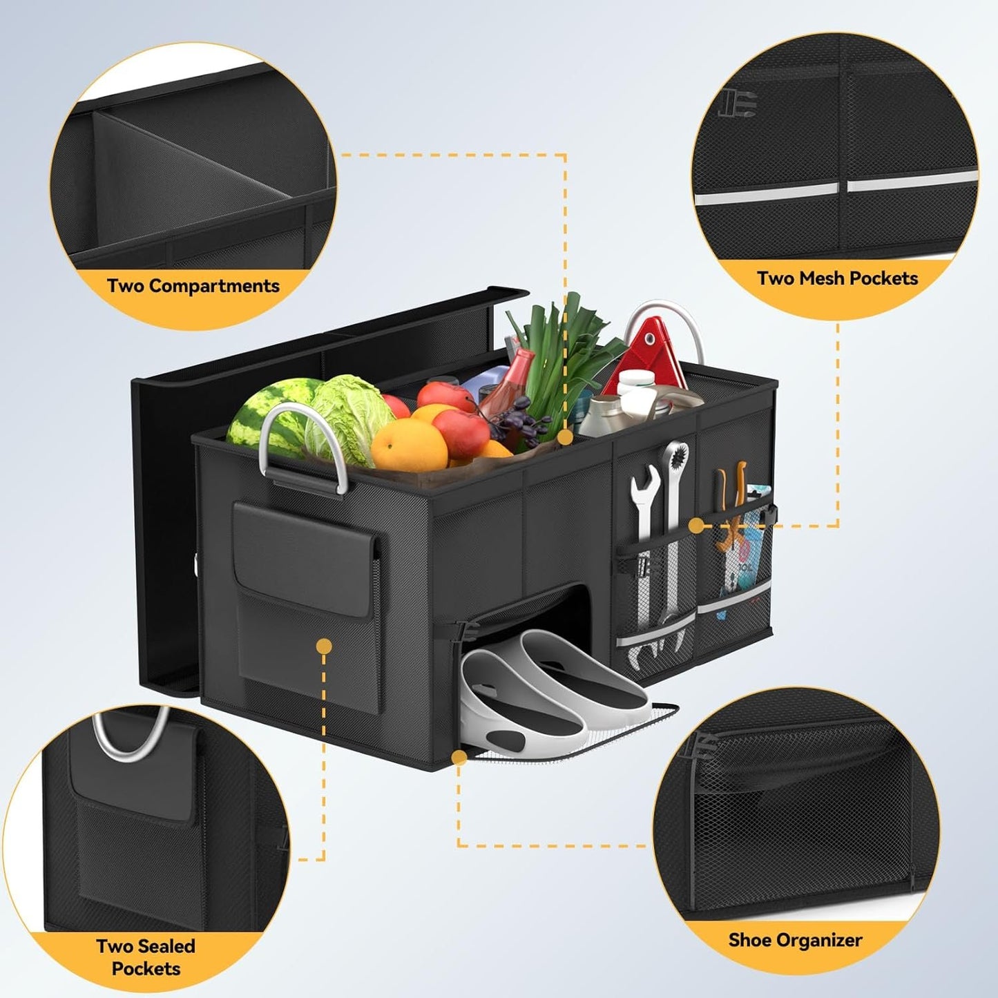 CLESOO Car Trunk Organizer Basket with Lid - Collapsible Multi Compartment Vehicle Organizer - Multiple Pockets, Multi-purpose Travel Accessory - Anti-slip Leak-proof Fits any Car, SUV, Minivan