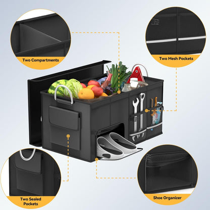 CLESOO Car Trunk Organizer Basket with Lid - Collapsible Multi Compartment Vehicle Organizer - Multiple Pockets, Multi-purpose Travel Accessory - Anti-slip Leak-proof Fits any Car, SUV, Minivan