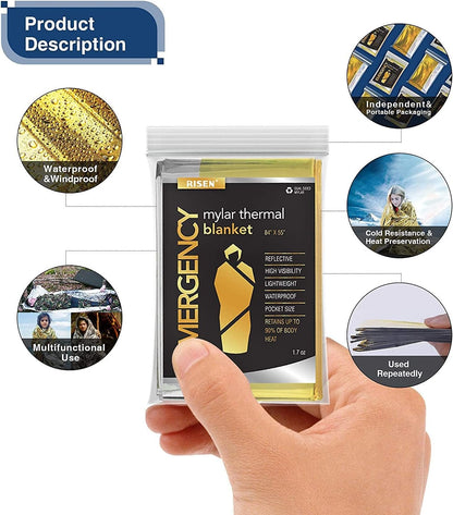 RISEN Emergency Foil Mylar Thermal Blankets - Retains 90% of Body Heat, High Reflective Space Safety Blanket - Ideal Supply for Survival, Outdoors, Camping, Hiking, First Aid (8 Silver)