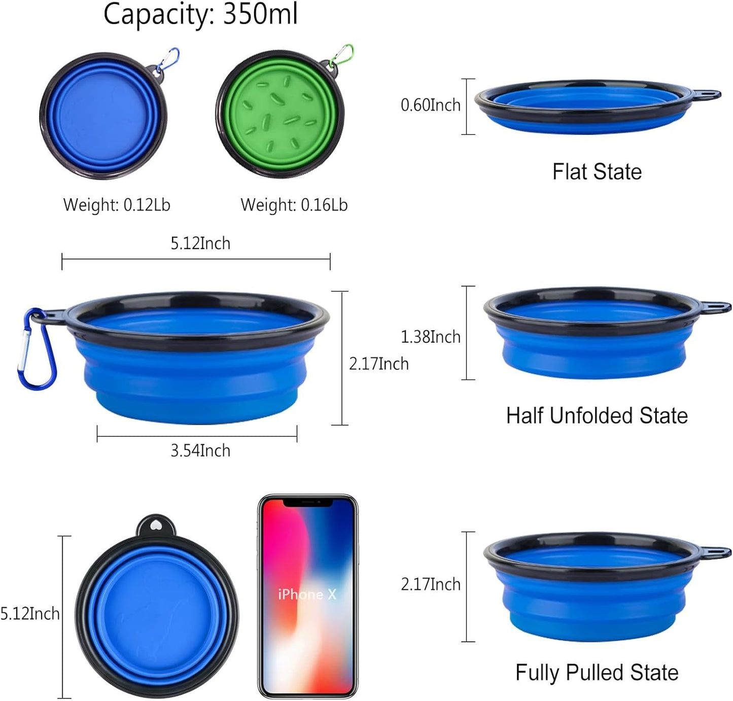 ARTECARE Portable Pet Travel Dog Bowls, 2 Pack Convenient Collapsible Dog Bowls, Small Pet Slow Feeder Design for Dogs Cats Feeding Watering with 2 carabiners