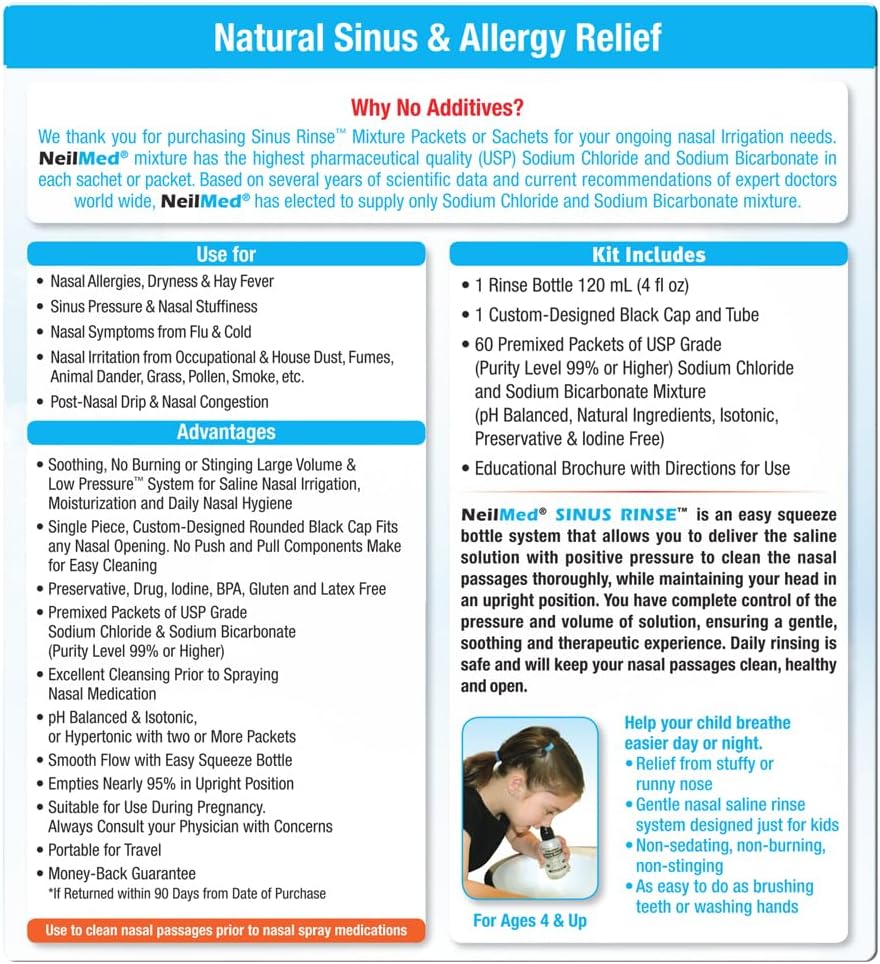 Neilmed's Sinus Rinse, Pediatric, Complete Saline Nasal Rinse Kit 60 Premixed Packets