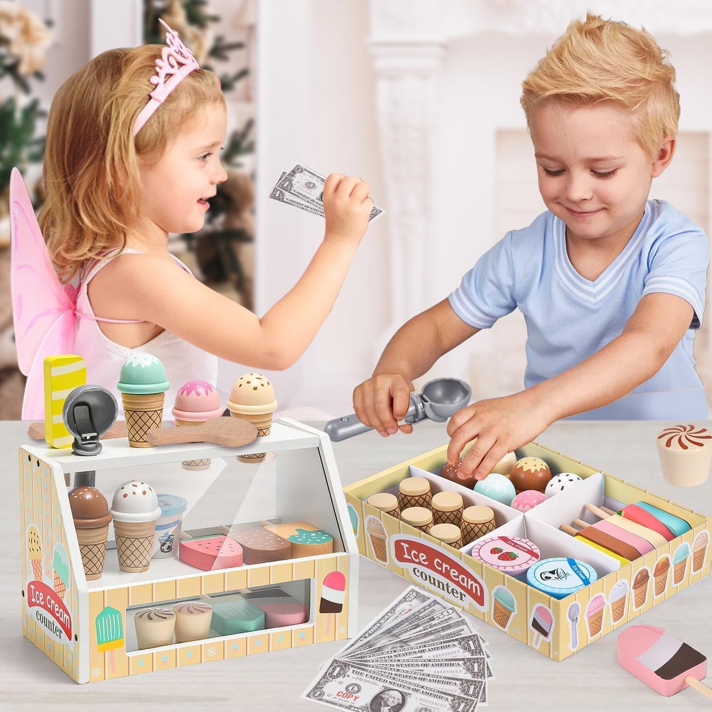 Wooden Ice Cream Toys Kids Pretend Play Store Toys for Toddlers Girls 3-5, Play Kitchen Accessories with Counter & Menu, Wooden Food Christmas Birthday Gifts for 3 4 5 Year Old Girls Boys